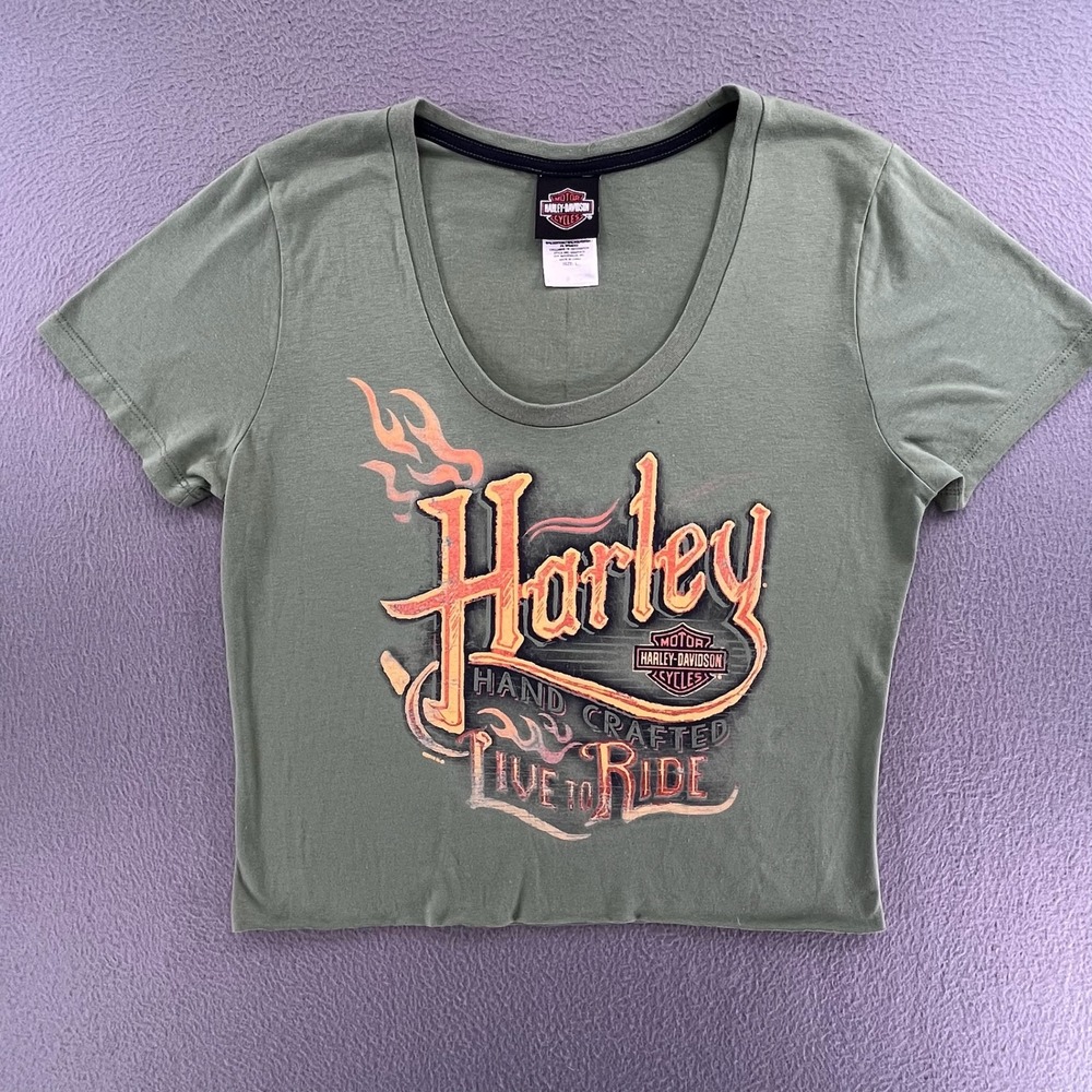 Harley-Davidson Women Graphic Tee Cotton Blend Large Biker Cropped Olive Green